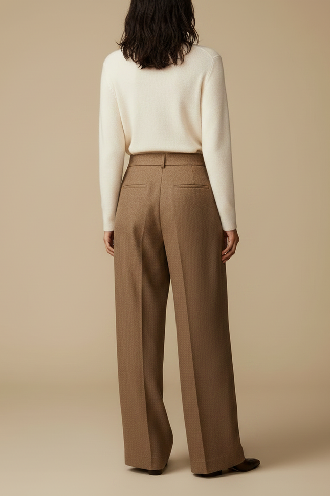 Pantalon Marron Laine Plissé Taille Haute Élégant - vue 2