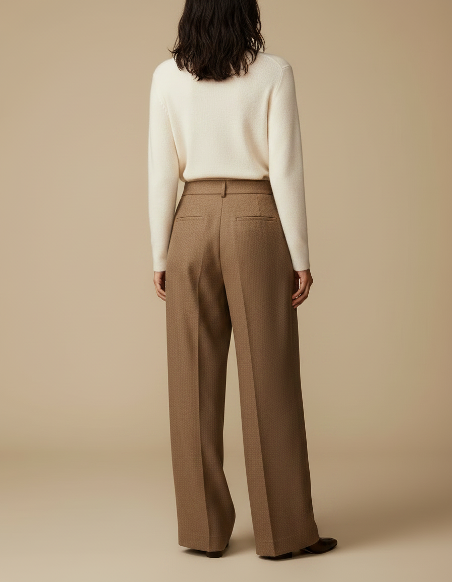 Pantalon Marron Laine Plissé Taille Haute Élégant - vue 2