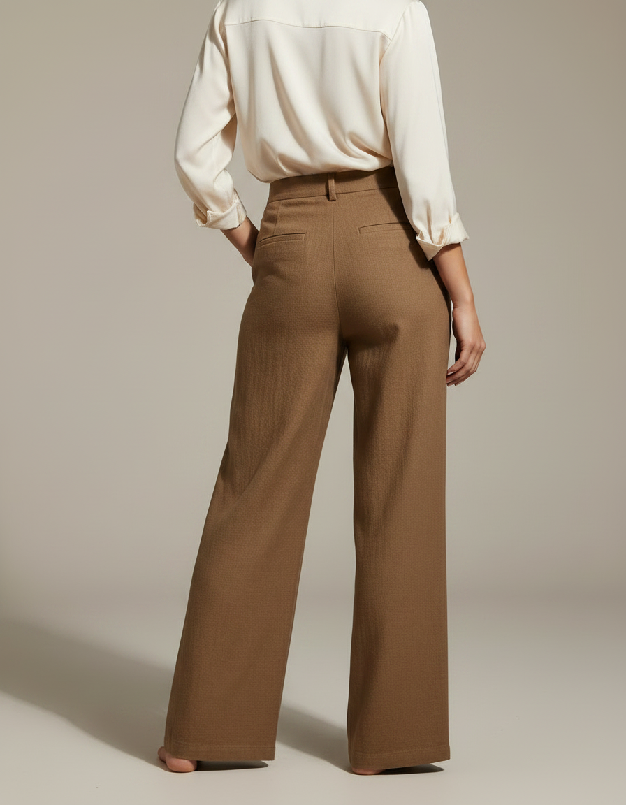 Pantalon Marron Lin Ample Taille Haute Femme - vue 2