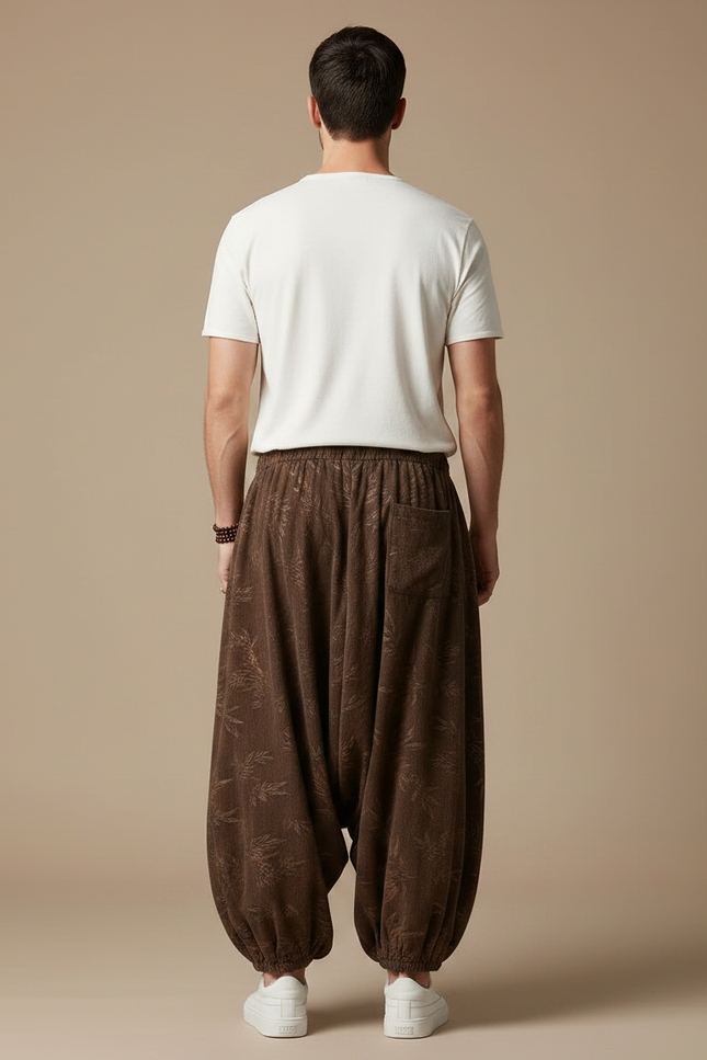 Pantalon Marron Ample Côtelé Fleur Homme Décontracté - Cordé - vue 2