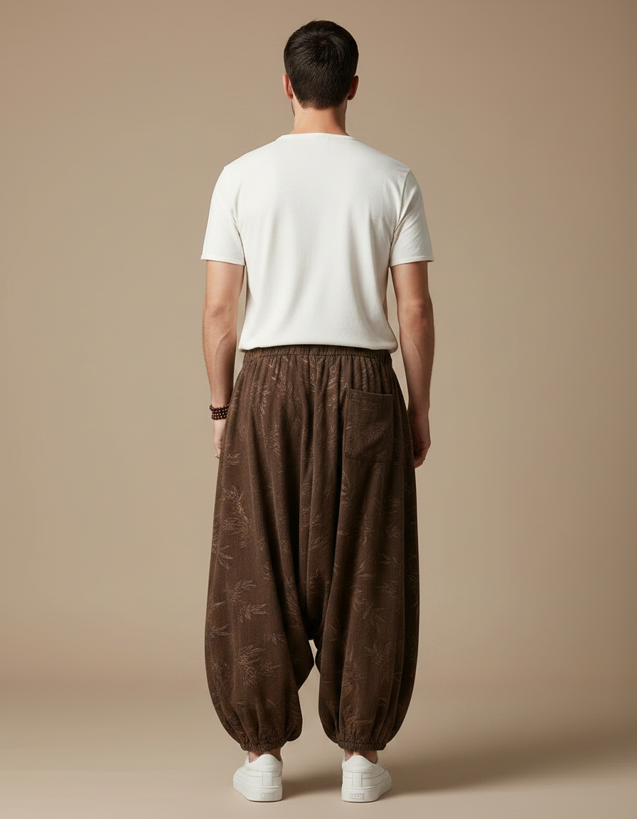 Pantalon Marron Ample Côtelé Fleur Homme Décontracté - Cordé - vue 2