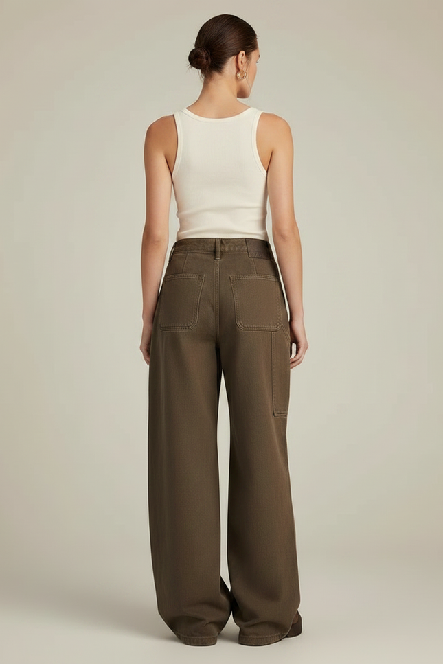 Pantalon Marron Ample Coton Taille Haute Décontracté Femme - Kaki Toile - vue 2