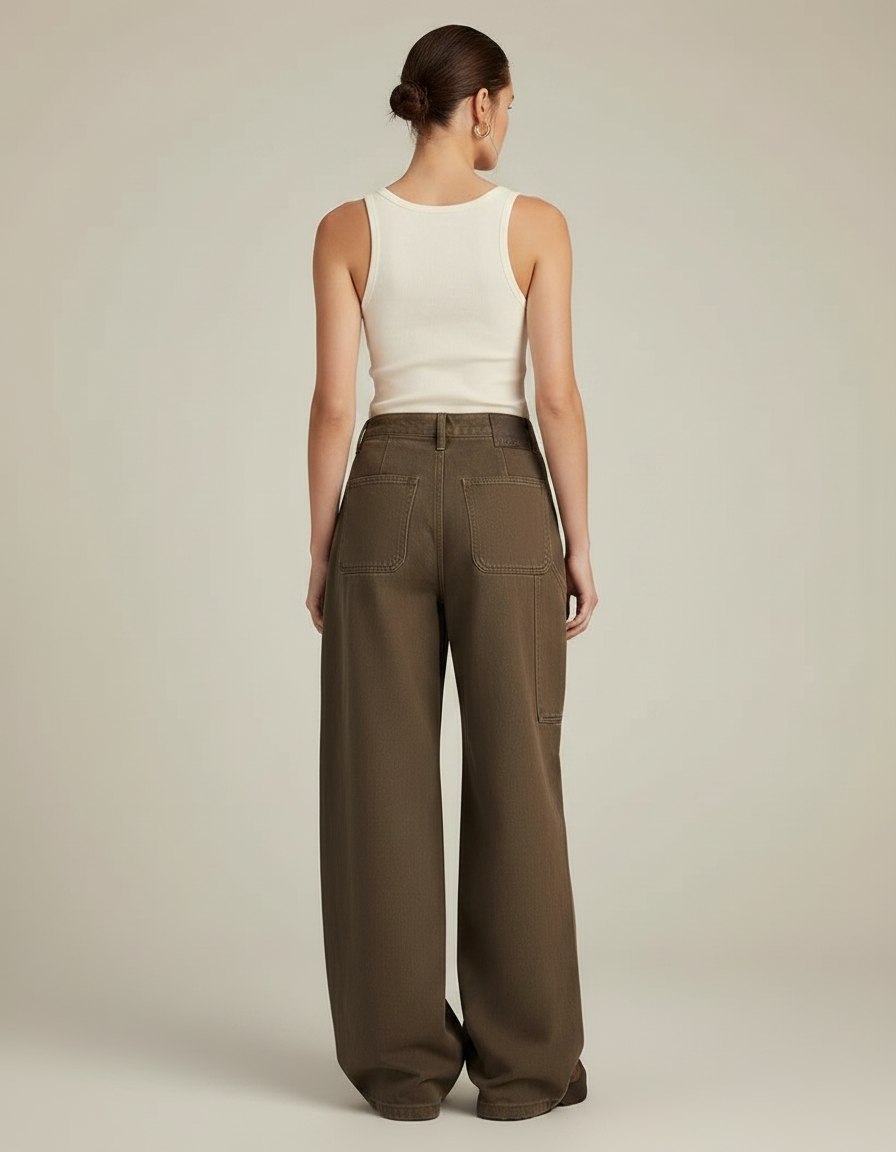 Pantalon Marron Ample Coton Taille Haute Décontracté Femme - Kaki Toile - vue 2