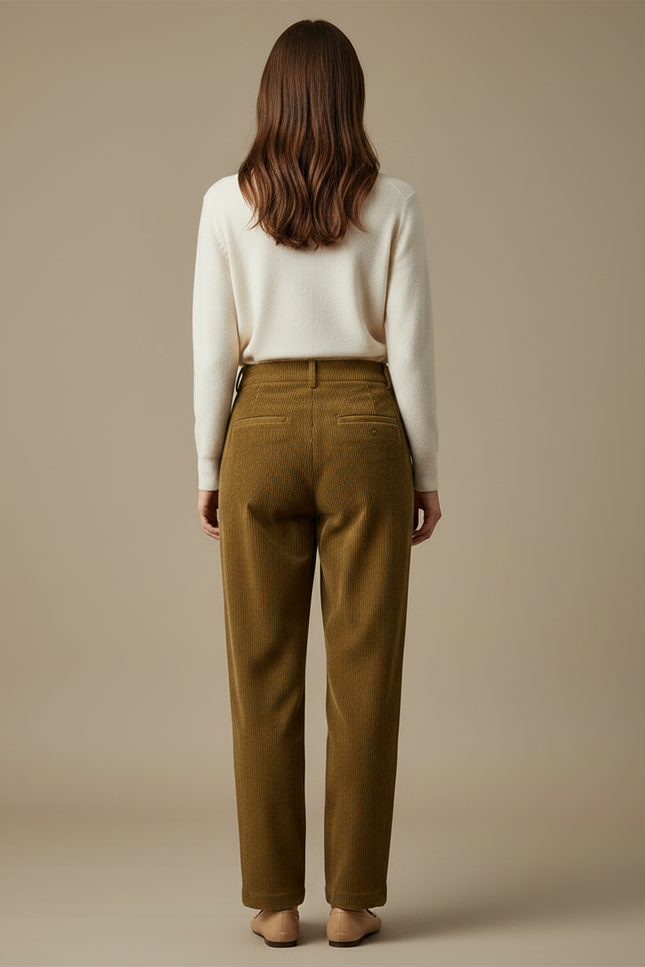 Pantalon Marron Côtelé Droit Taille Haute Vintage - Kaki Cordé - vue 2