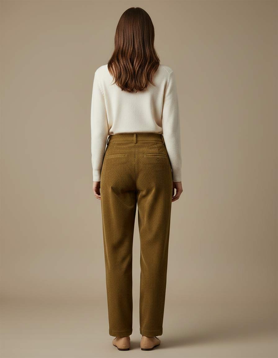 Pantalon Marron Côtelé Droit Taille Haute Vintage - Kaki Cordé - vue 2