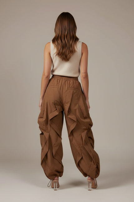 Pantalon Marron Cargo Plissé Ample Femme Streetwear - Polyester - vue 2