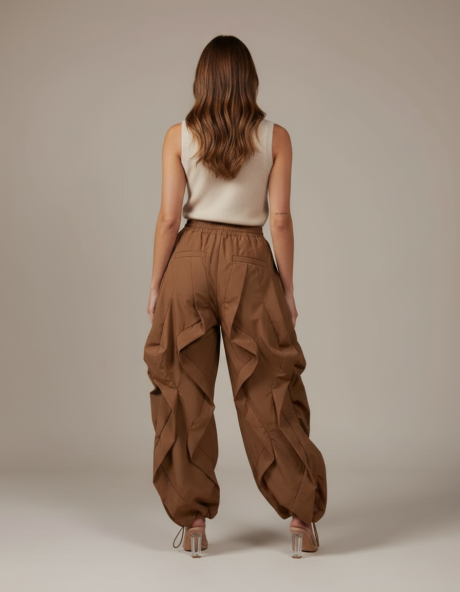 Pantalon Marron Cargo Plissé Ample Femme Streetwear - Polyester - vue 2