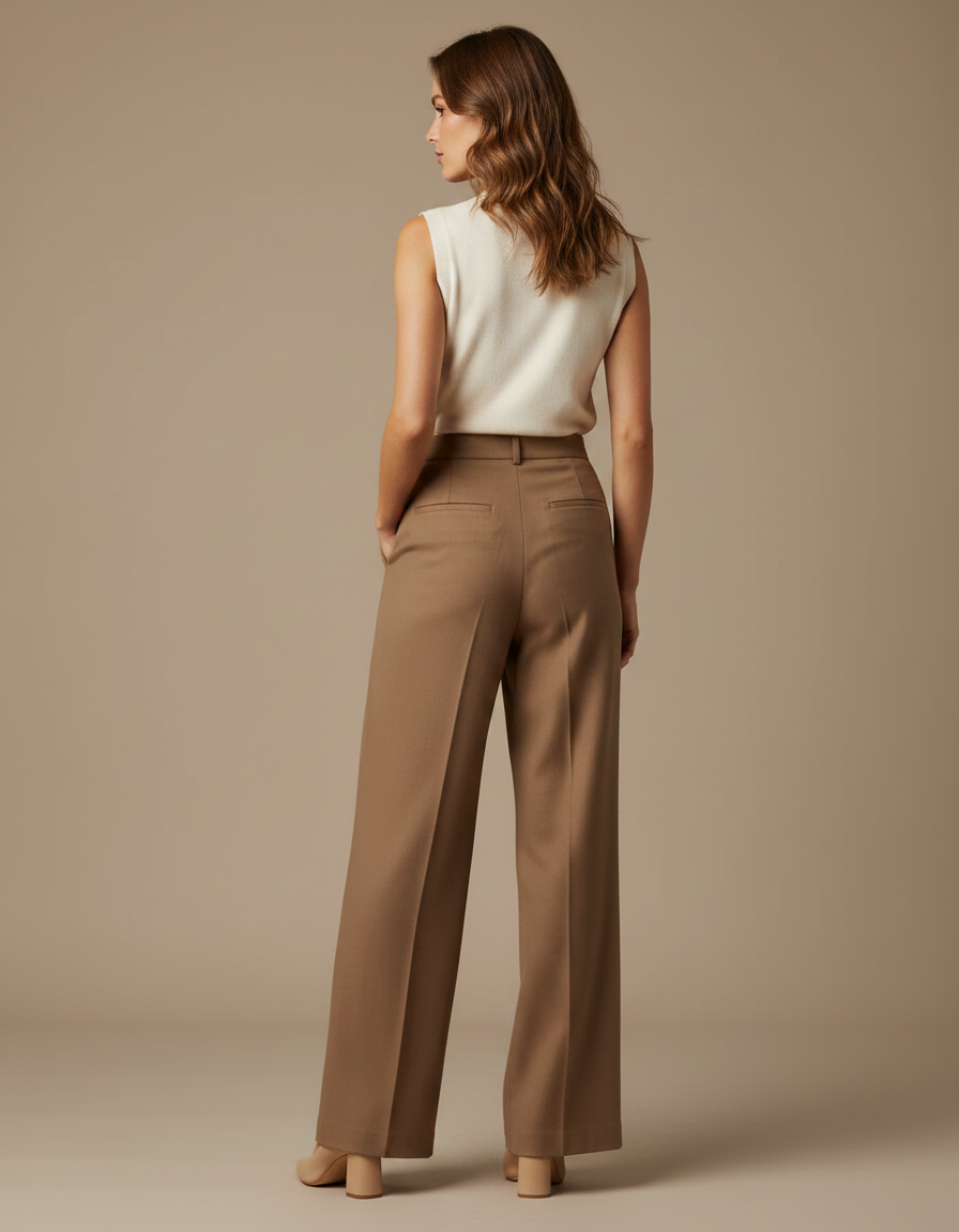Pantalon Marron Élégant Ample Plissé Taille Haute - Gabardine - vue 2
