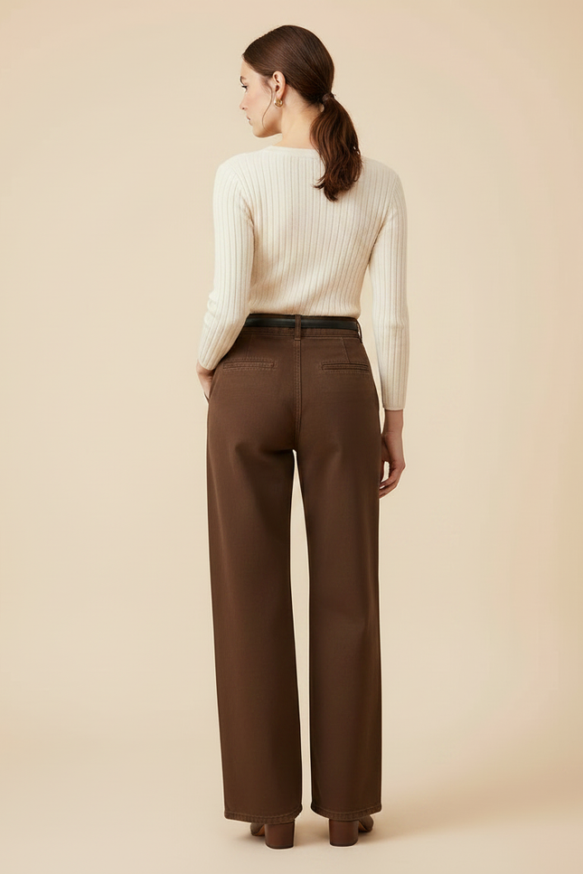 Pantalon Marron Ample Taille Haute Droit Femme - Jean - vue 2