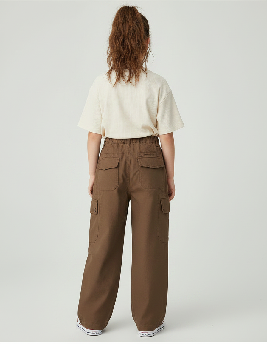 Pantalon Marron Cargo Ample Coton Enfant - Toile - vue 2