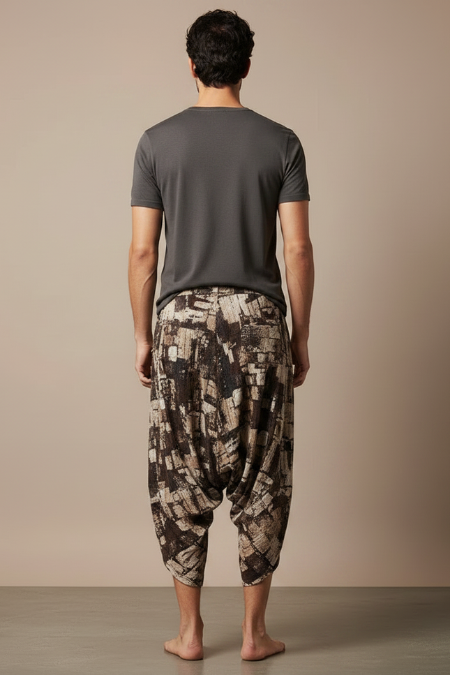 Pantalon Marron Harem Imprimé Ample Décontracté Coton Lin - vue 2