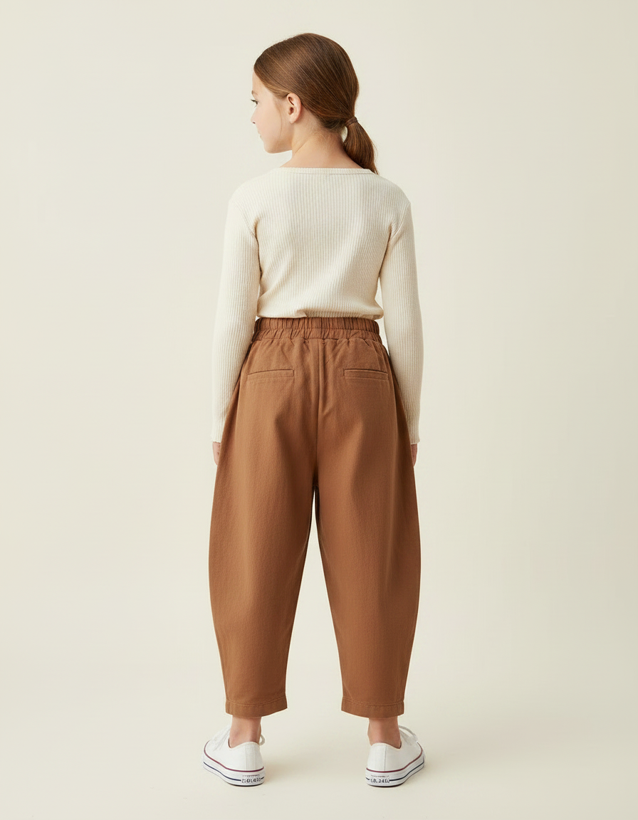 Pantalon Marron Ample Coton Enfant Décontracté Plié - vue 2