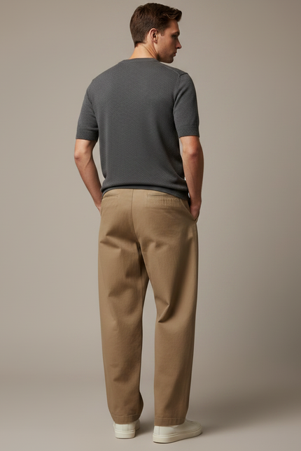 Pantalon Marron Ample Plissé Coton Décontracté Homme - Camel - vue 2