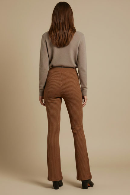Pantalon Marron Côtelé Évasé Taille Haute Élégant - Maille - vue 2