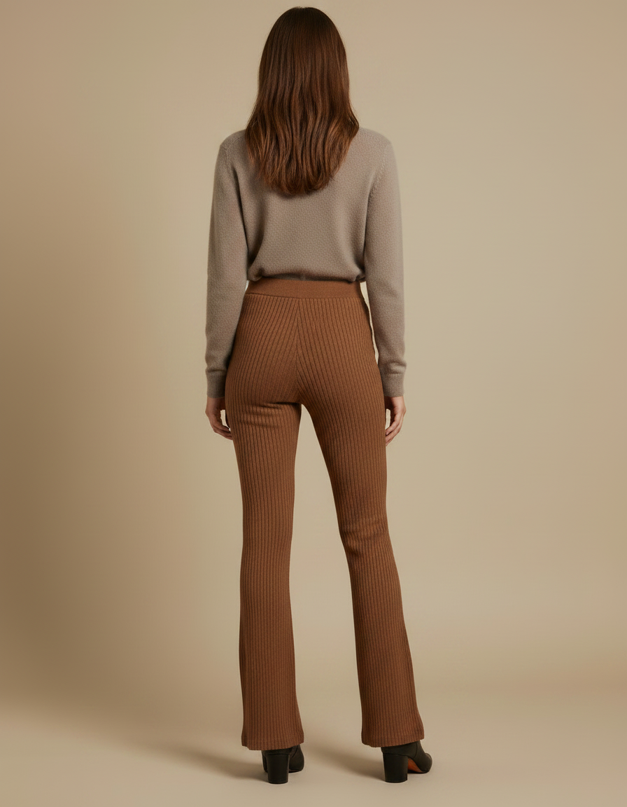 Pantalon Marron Côtelé Évasé Taille Haute Élégant - Maille - vue 2
