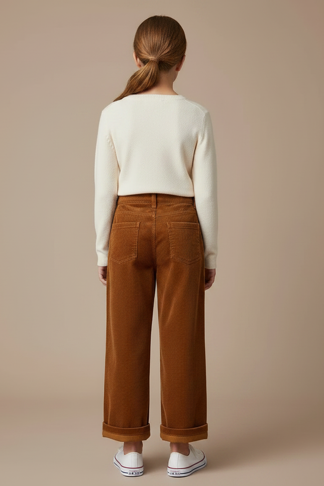 Pantalon Marron Côtelé Ample Décontracté Enfant Fille - Cordé - vue 2
