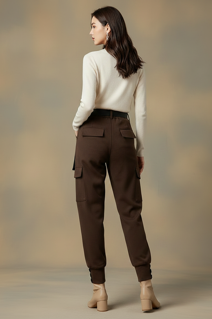 Pantalon Marron Cargo Laine Harem Ceinture Femme - vue 2