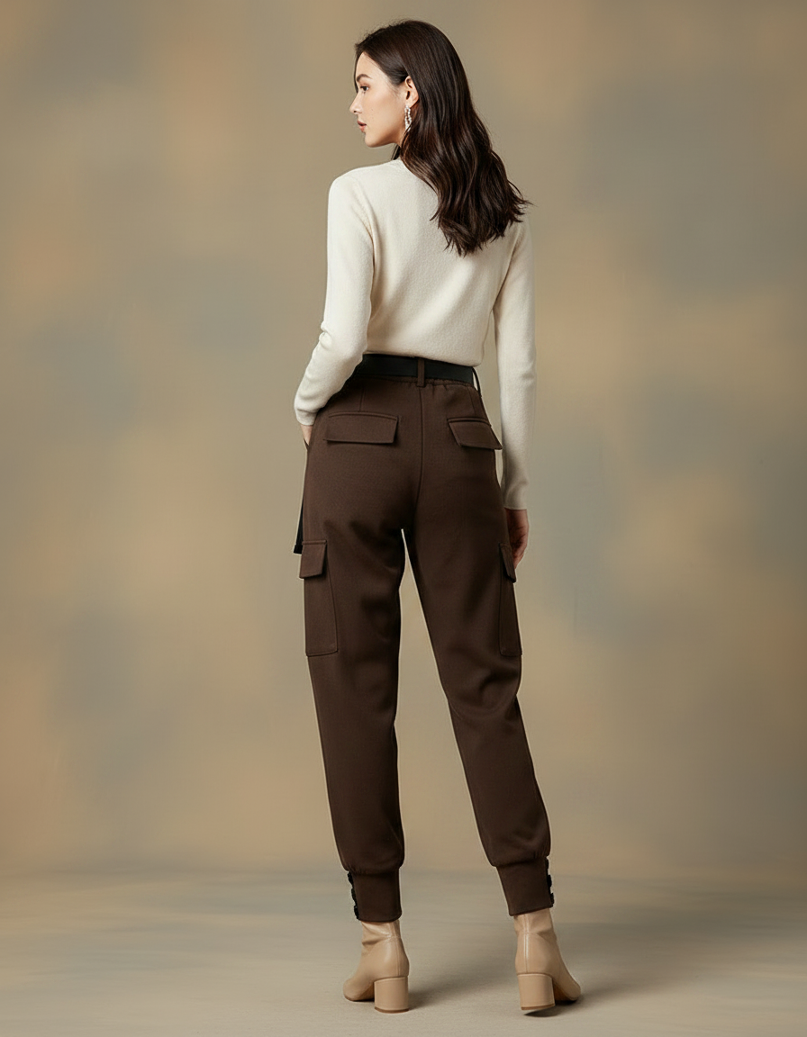 Pantalon Marron Cargo Laine Harem Ceinture Femme - vue 2