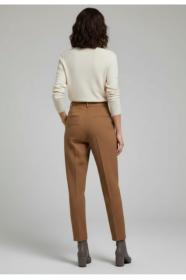 Pantalon Marron Plissé Taille Haute Droit Élégant - Gabardine - vue 2