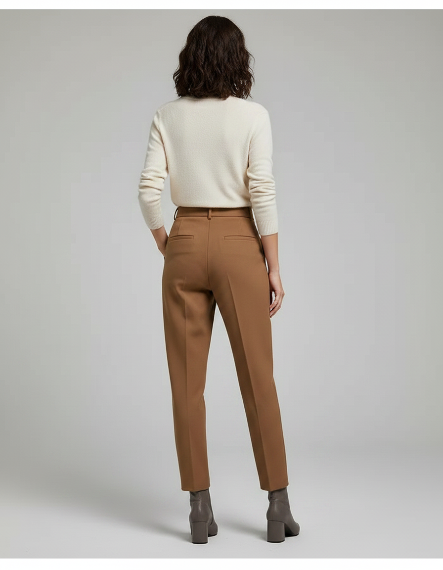 Pantalon Marron Plissé Taille Haute Droit Élégant - Gabardine - vue 2
