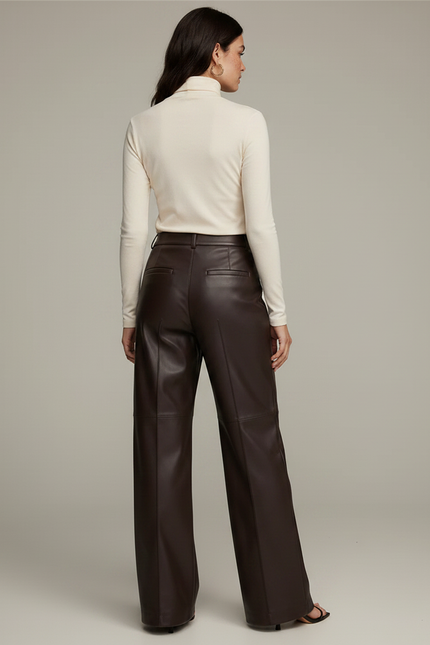 Pantalon Marron Similicuir Large Taille Haute Élégant - Simili cuir - vue 2