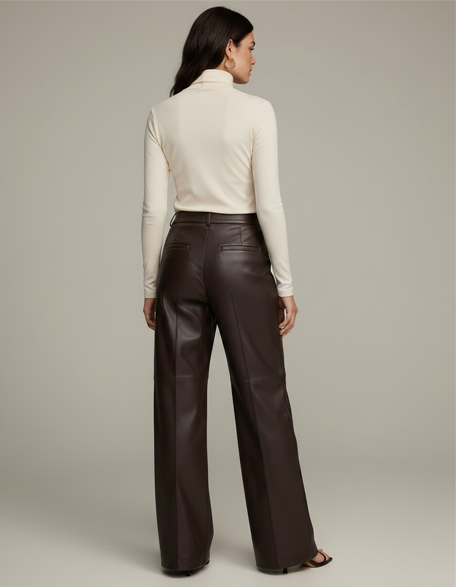 Pantalon Marron Similicuir Large Taille Haute Élégant - Simili cuir - vue 2