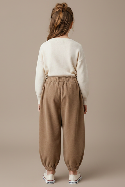 Pantalon Marron Côtelé Ample Fleur Fille Confortable - Camel Cordé - vue 2