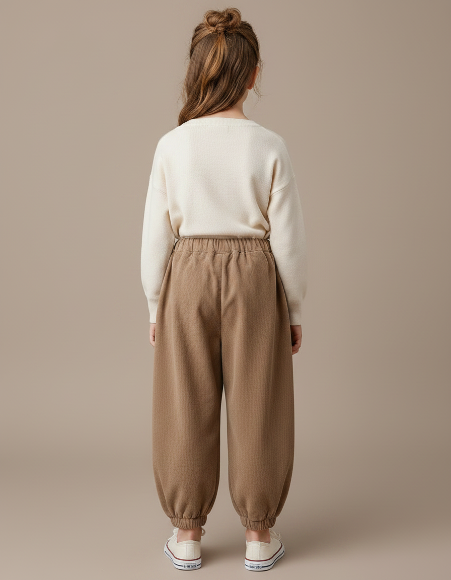 Pantalon Marron Côtelé Ample Fleur Fille Confortable - Camel Cordé - vue 2