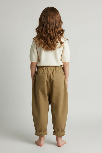 Pantalon Marron Ample Coton Enfant Plissé Décontracté - Kaki - vue 2