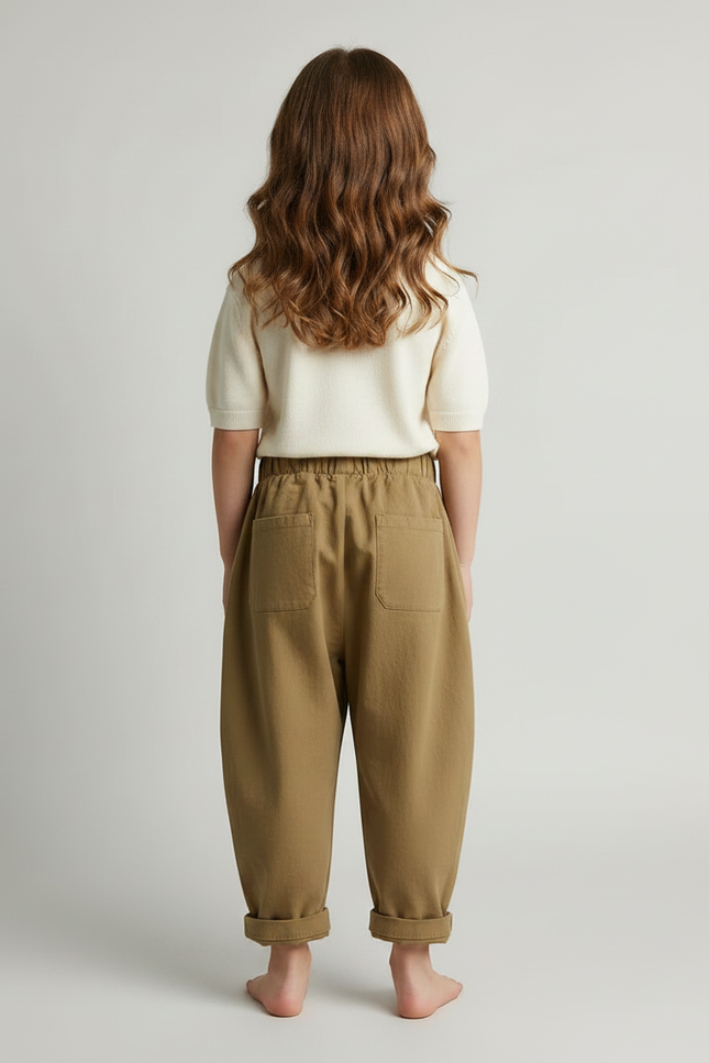Pantalon Marron Ample Coton Enfant Plissé Décontracté - Kaki - vue 2