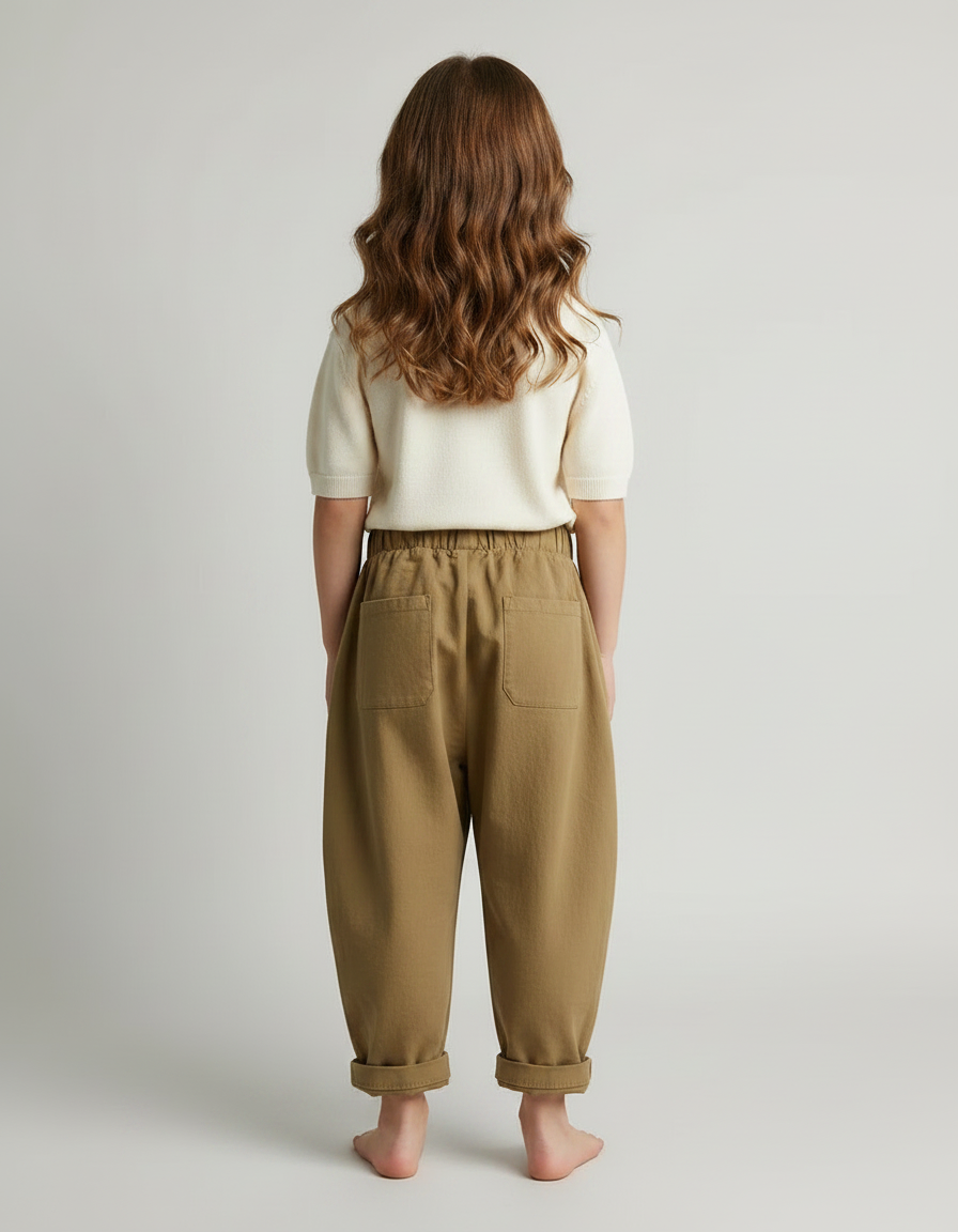 Pantalon Marron Ample Coton Enfant Plissé Décontracté - Kaki - vue 2