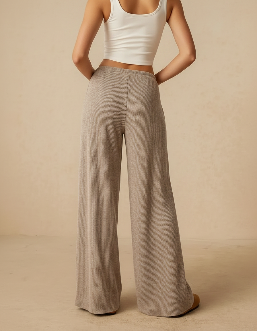 Pantalon Marron Côtelé Ample Décontracté Fluide Femme - Beige Maille - vue 2