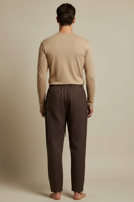 Pantalon Marron Lin Ample Décontracté Léger Droit - vue 2