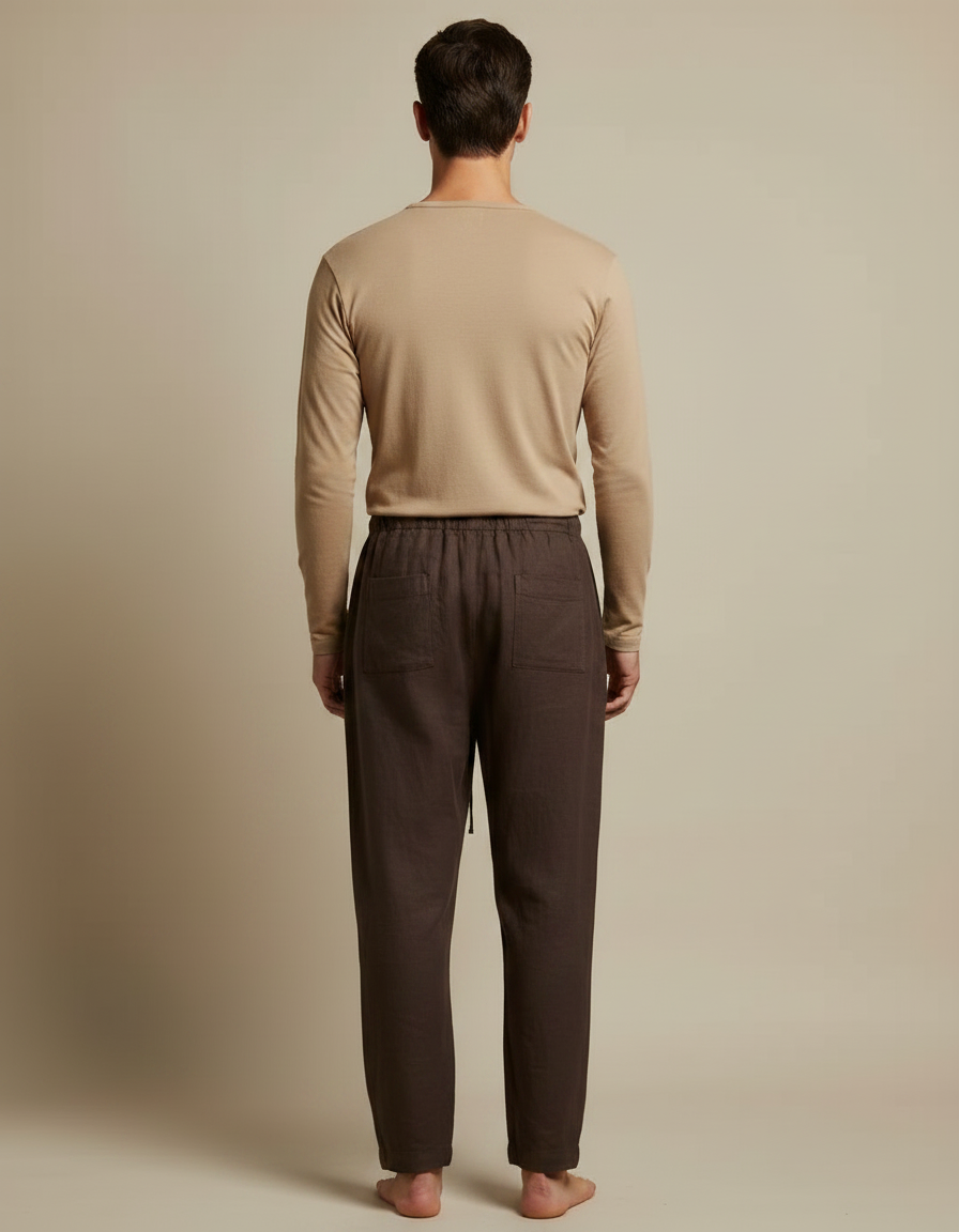 Pantalon Marron Lin Ample Décontracté Léger Droit - vue 2