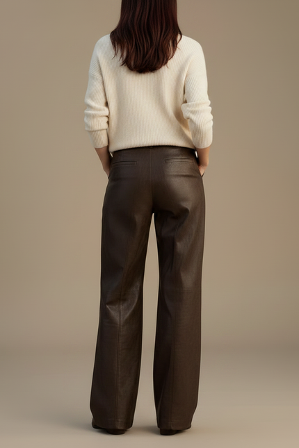 Pantalon Marron Simili Cuir Ample Élégant Femme - vue 2