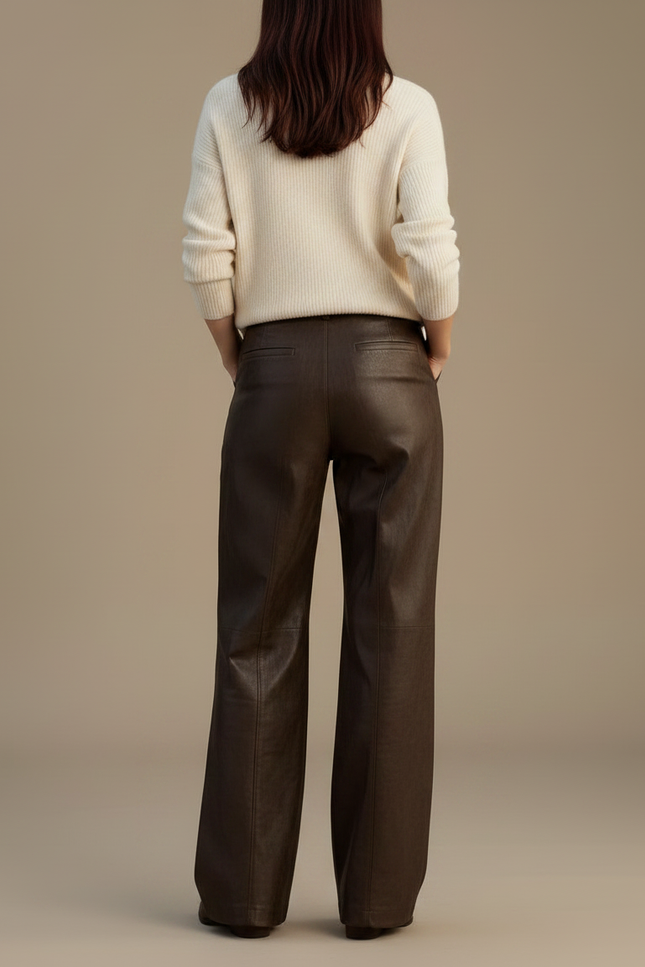 Pantalon Marron Simili Cuir Ample Élégant Femme - vue 2