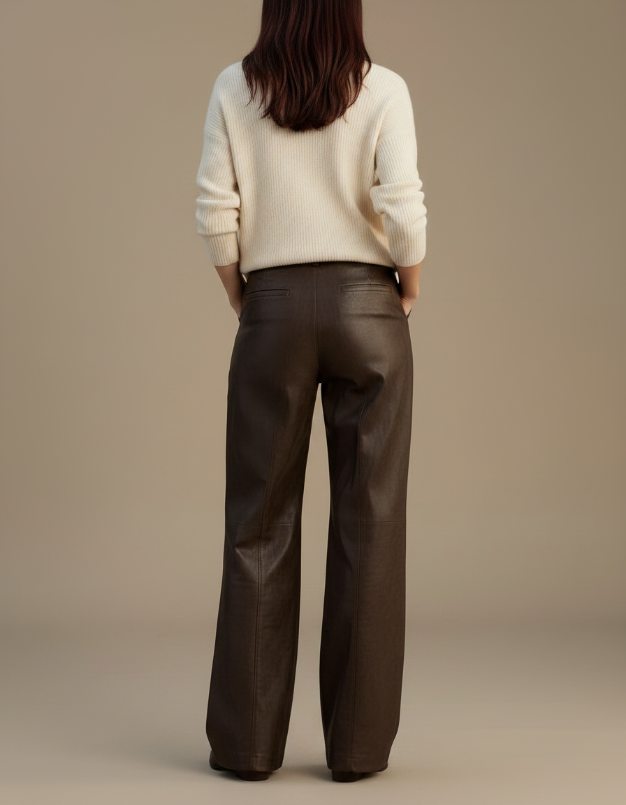 Pantalon Marron Simili Cuir Ample Élégant Femme - vue 2