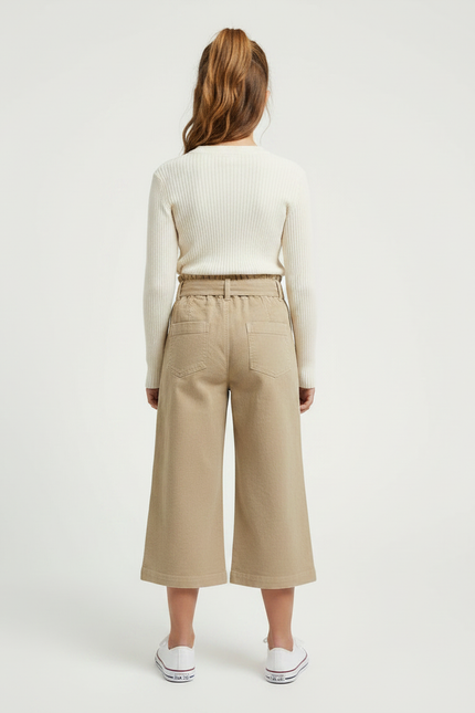 Pantalon Marron Ample Coton Culotte Nœud Fille - Gabardine - vue 2