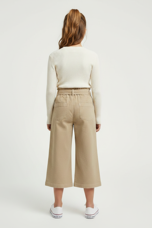 Pantalon Marron Ample Coton Culotte Nœud Fille - Gabardine - vue 2