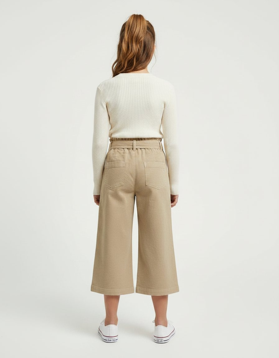 Pantalon Marron Ample Coton Culotte Nœud Fille - Gabardine - vue 2