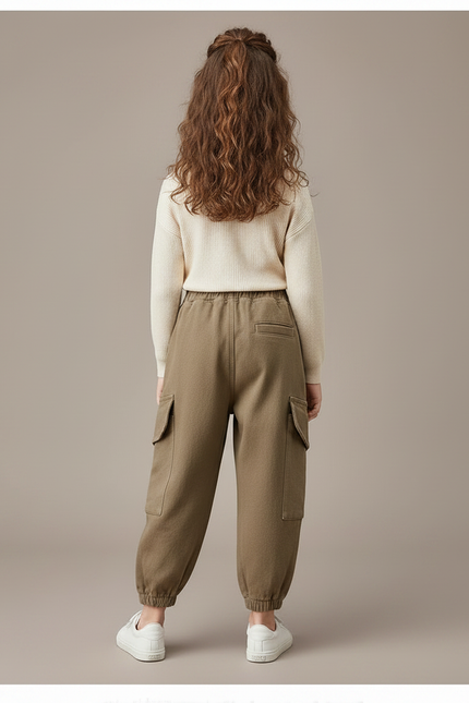 Pantalon Marron Cargo Ample Enfant Décontracté - Kaki Molleton - vue 2