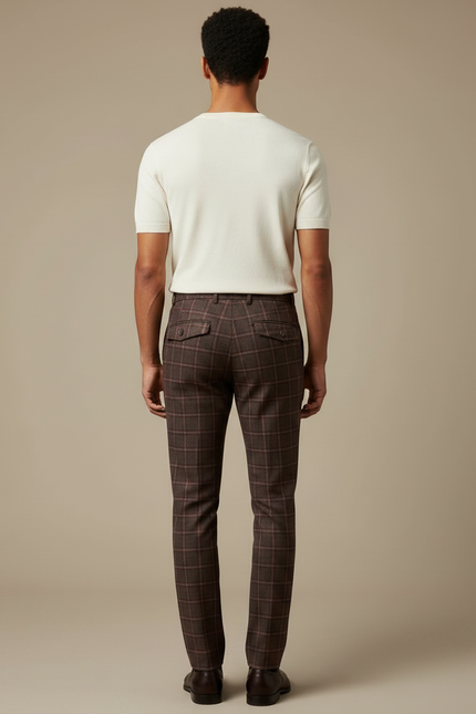 Pantalon Marron Carreaux Homme Slim Chic Élégant - Tweed - vue 2
