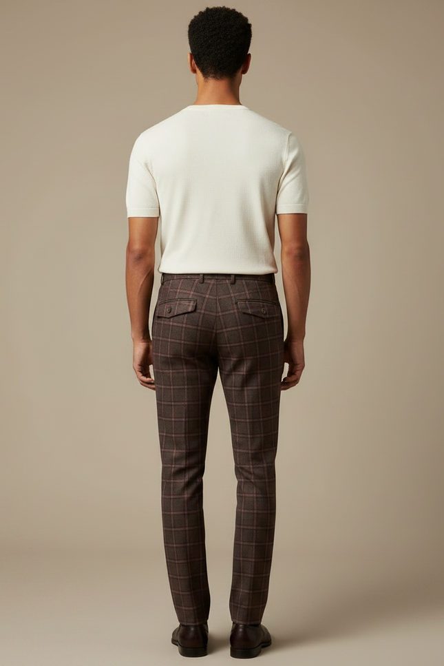 Pantalon Marron Carreaux Homme Slim Chic Élégant - Tweed - vue 2