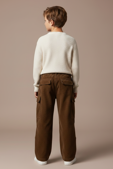 Pantalon Marron Côtelé Ample Décontracté Multipoches Enfant - Cordé - vue 2