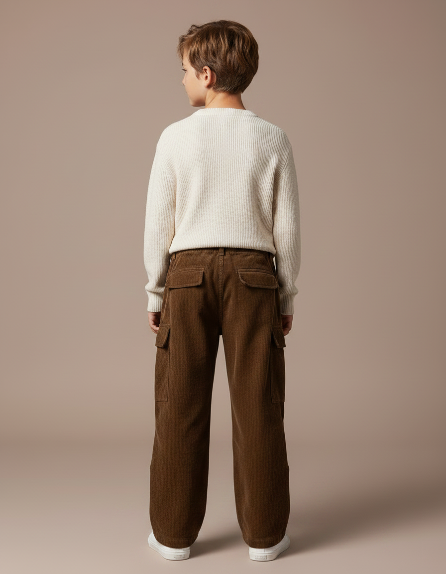 Pantalon Marron Côtelé Ample Décontracté Multipoches Enfant - Cordé - vue 2