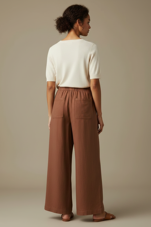 Pantalon Marron Ample Lin Coton Taille Élastique Fluide - vue 2