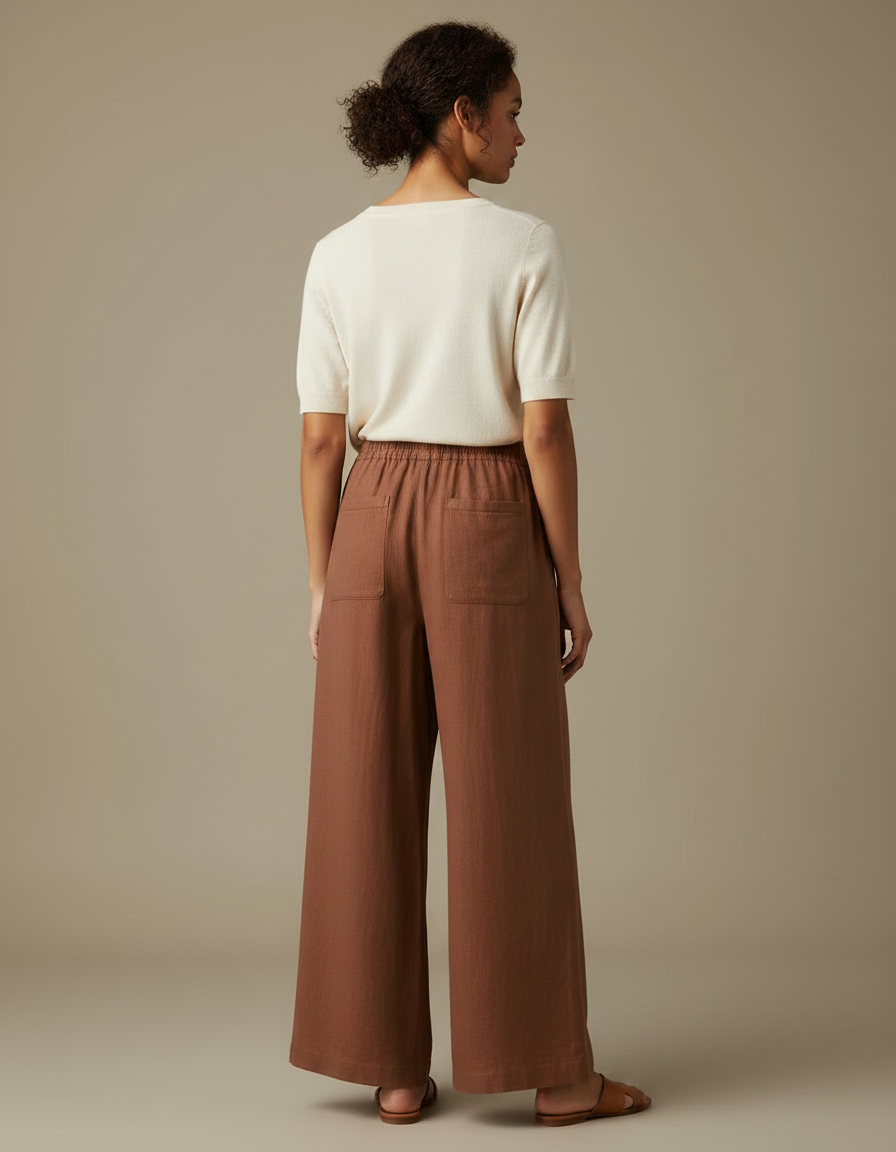 Pantalon Marron Ample Lin Coton Taille Élastique Fluide - vue 2