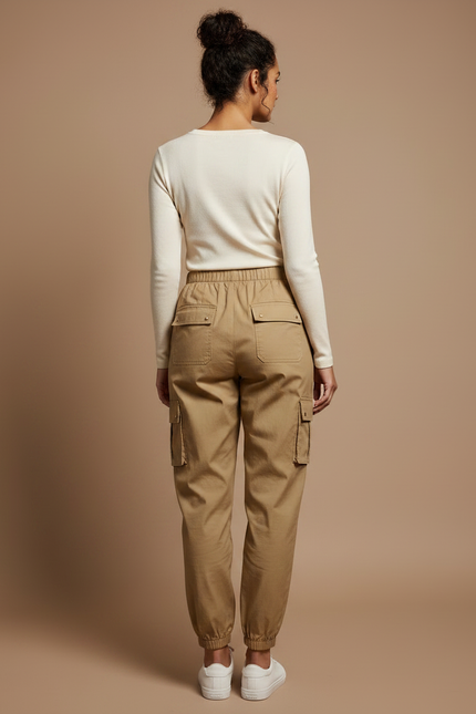 Pantalon Marron Cargo Décontracté Taille Haute Femme - Kaki Toile - vue 2