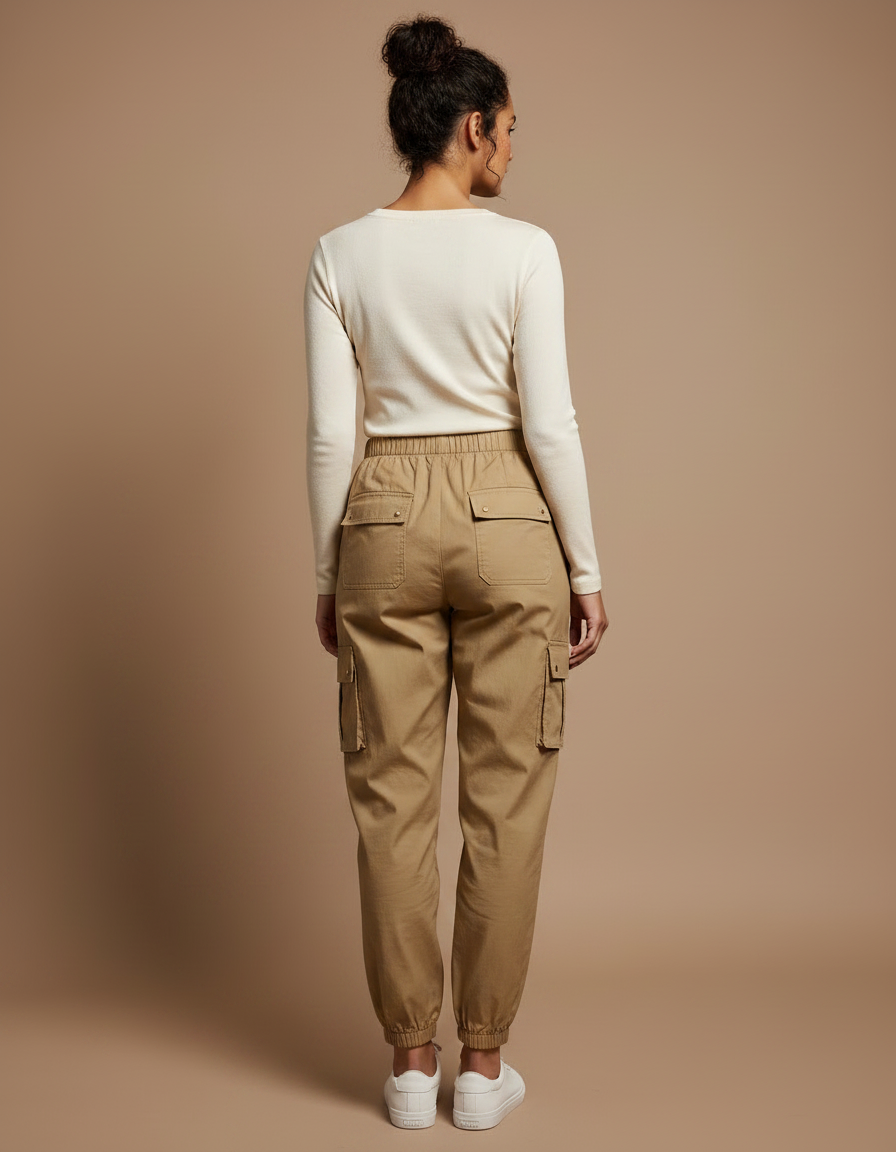 Pantalon Marron Cargo Décontracté Taille Haute Femme - Kaki Toile - vue 2