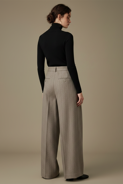 Pantalon Marron Laine Chevron Plissé Ample Taille Haute - Tweed - vue 2